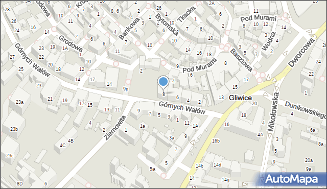 Gliwice, Górnych Wałów, 8, mapa Gliwic