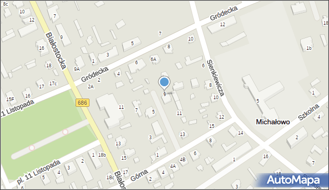 Michałowo, Górna, 9, mapa Michałowo