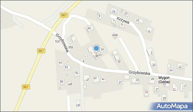 Gdów, Grzybowska, 36, mapa Gdów