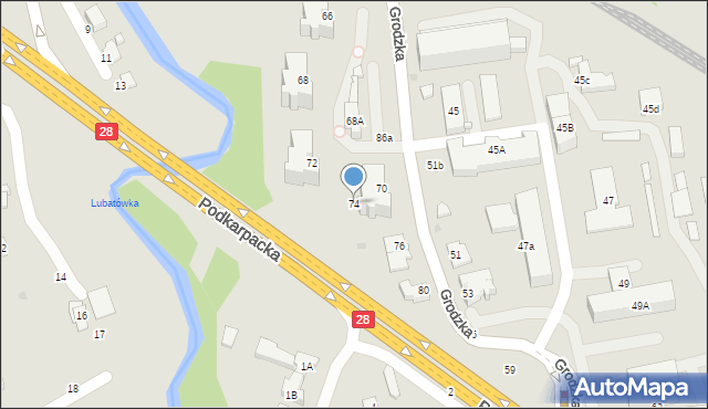 Krosno, Grodzka, 74, mapa Krosna