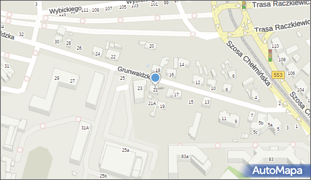 Toruń, Grunwaldzka, 21, mapa Torunia