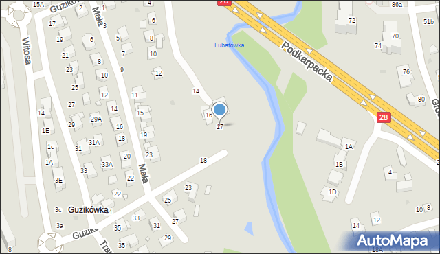 Krosno, Guzikówka, 17, mapa Krosna