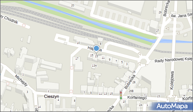 Cieszyn, Hajduka Feliksa, 13, mapa Cieszyna