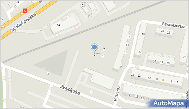 Wrocław, Husarska, 3, mapa Wrocławia