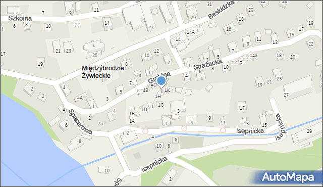 Międzybrodzie Żywieckie, Isepnicka, 1J, mapa Międzybrodzie Żywieckie