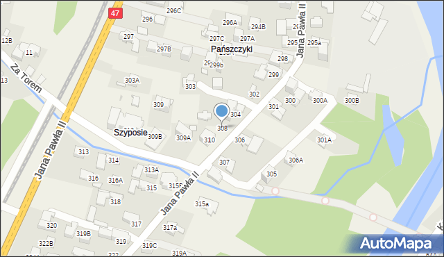 Biały Dunajec, Jana Pawła II, 308, mapa Biały Dunajec