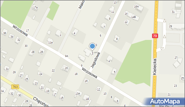 Brzeziny, Jagodowa, 1, mapa Brzeziny