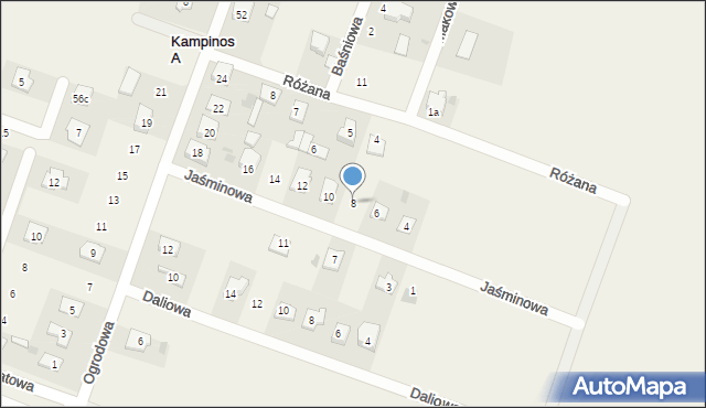 Kampinos A, Jaśminowa, 8, mapa Kampinos A