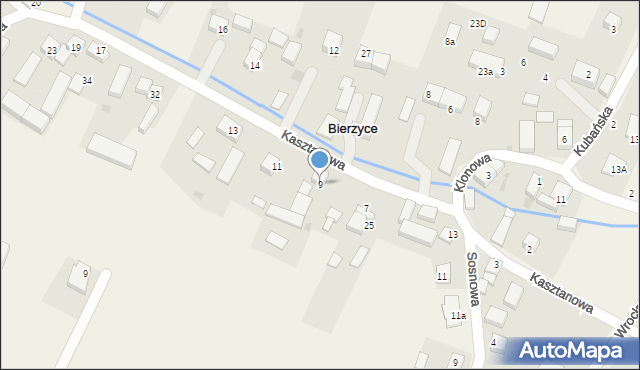 Bierzyce, Kasztanowa, 9, mapa Bierzyce