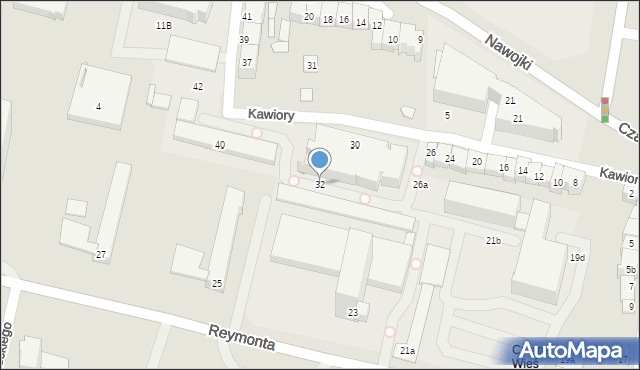 Kraków, Kawiory, 32, mapa Krakowa