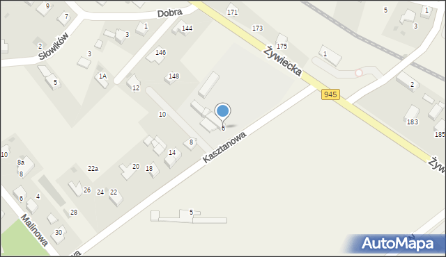 Łodygowice, Kasztanowa, 6, mapa Łodygowice