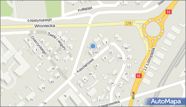 Oborniki, Kasztanowa, 1, mapa Oborniki