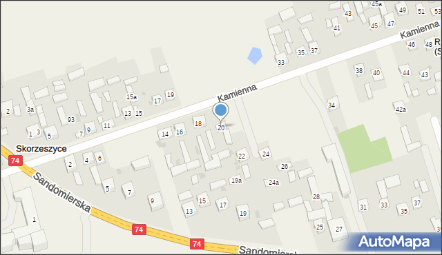 Skorzeszyce, Kamienna, 20, mapa Skorzeszyce