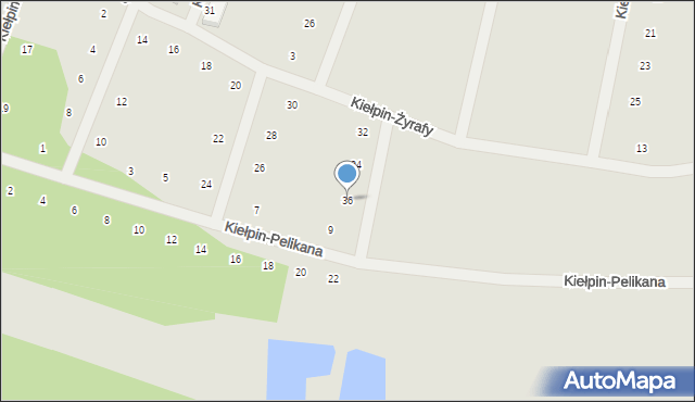 Zielona Góra, Kiełpin-Żyrafy, 36, mapa Zielona Góra
