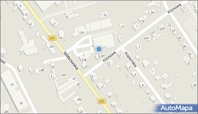 Gniezno, Klonowa, 1, mapa Gniezna