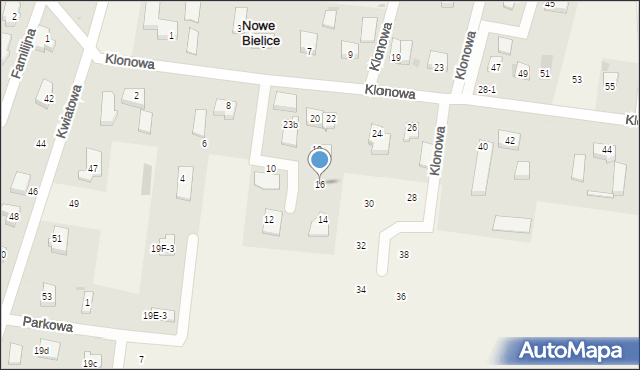 Nowe Bielice, Klonowa, 16, mapa Nowe Bielice