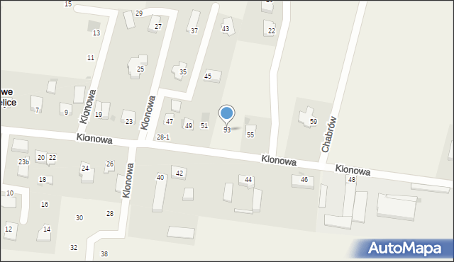 Nowe Bielice, Klonowa, 53, mapa Nowe Bielice