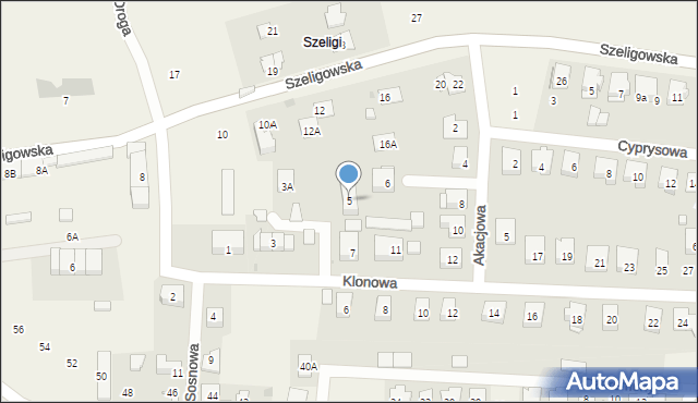 Szeligi, Klonowa, 5, mapa Szeligi