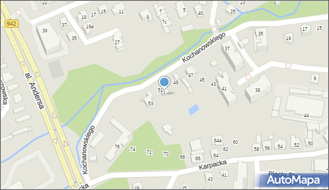 Bielsko-Biała, Kochanowskiego Jana, 51a, mapa Bielsko-Białej