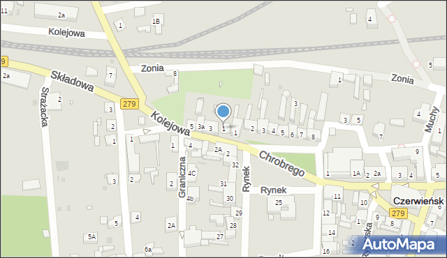Czerwieńsk, Kolejowa, 1, mapa Czerwieńsk