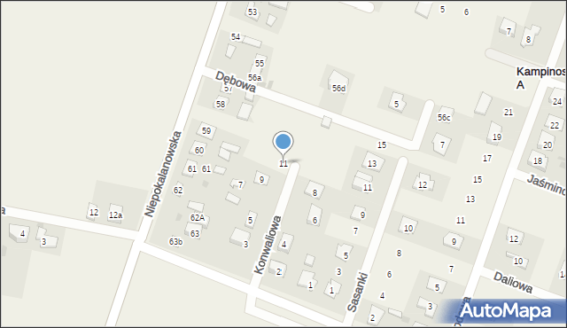 Kampinos A, Konwaliowa, 11, mapa Kampinos A
