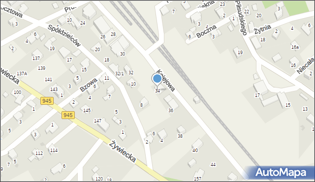 Łodygowice, Kolejowa, 34, mapa Łodygowice