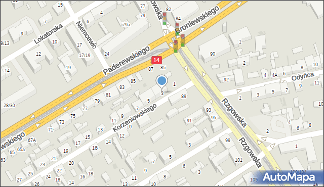 Łódź, Korzeniowskiego Józefa, 3, mapa Łodzi