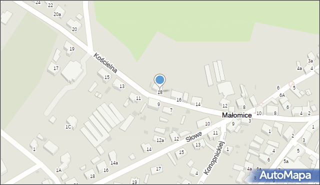 Małomice, Kościelna, 18, mapa Małomice