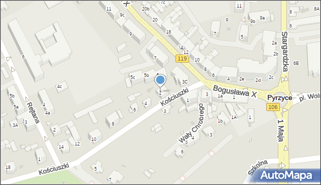 Pyrzyce, Kościuszki Tadeusza, gen., 2, mapa Pyrzyce