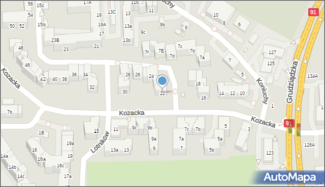 Toruń, Kozacka, 22, mapa Torunia