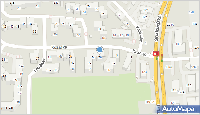 Toruń, Kozacka, 7b, mapa Torunia