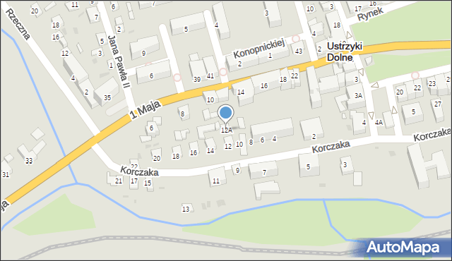 Ustrzyki Dolne, Korczaka Janusza, 12A, mapa Ustrzyki Dolne