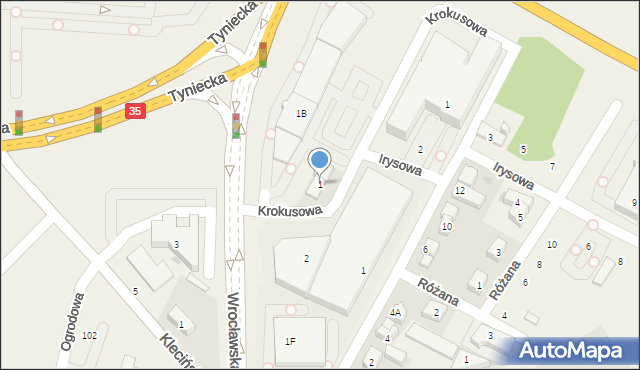 Bielany Wrocławskie, Krokusowa, 1, mapa Bielany Wrocławskie