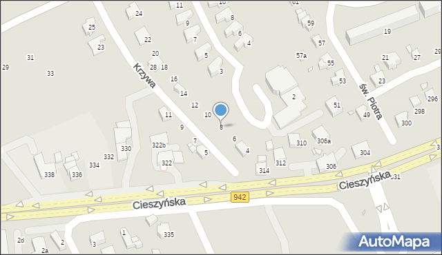 Bielsko-Biała, Krzywa, 8, mapa Bielsko-Białej