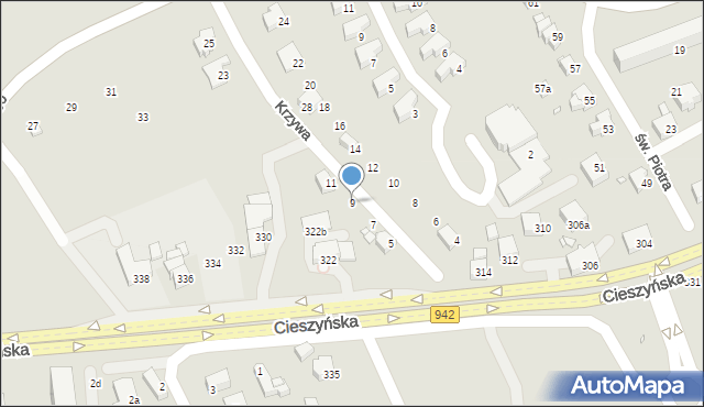 Bielsko-Biała, Krzywa, 9, mapa Bielsko-Białej