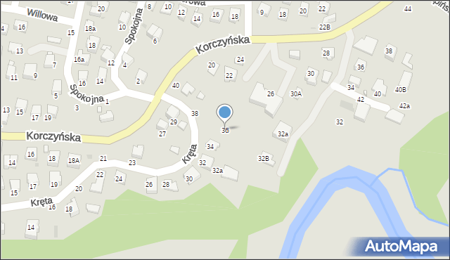 Krosno, Kręta, 36, mapa Krosna