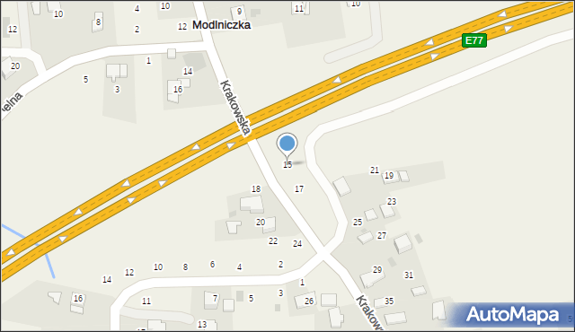 Modlniczka, Krakowska, 15, mapa Modlniczka