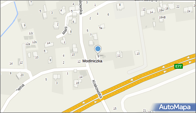 Modlniczka, Krakowska, 9, mapa Modlniczka