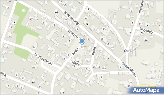 Obra, Kręta, 14, mapa Obra