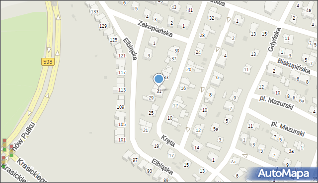 Olsztyn, Kręta, 31, mapa Olsztyna