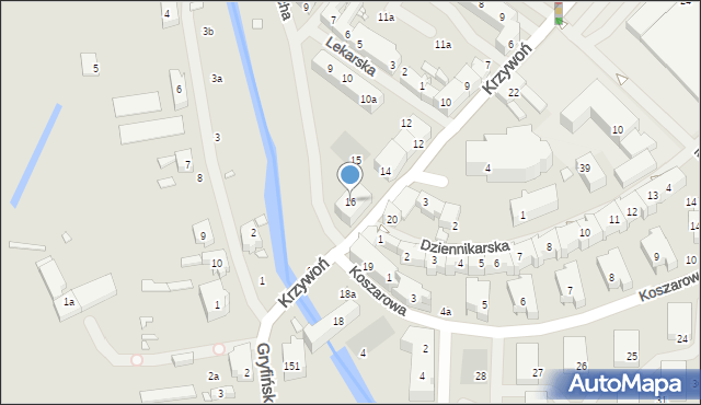 Szczecin, Krzywoń Anieli, 16, mapa Szczecina
