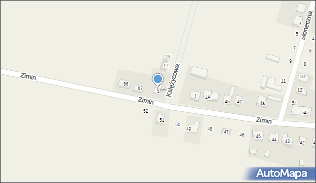 Zimin, Księżycowa, 1, mapa Zimin
