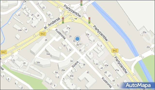 Bielsko-Biała, Kustronia Józefa, gen., 33, mapa Bielsko-Białej