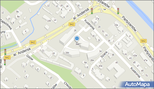 Bielsko-Biała, Kustronia Józefa, gen., 34a, mapa Bielsko-Białej