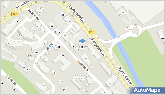 Bielsko-Biała, Kustronia Józefa, gen., 43a, mapa Bielsko-Białej