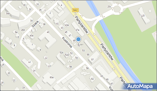 Bielsko-Biała, Kustronia Józefa, gen., 51, mapa Bielsko-Białej