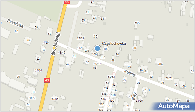 Częstochowa, Kubiny Teodora, ks. bp., 104, mapa Częstochowy