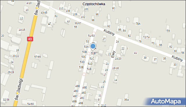 Częstochowa, Kubiny Teodora, ks. bp., 51B, mapa Częstochowy