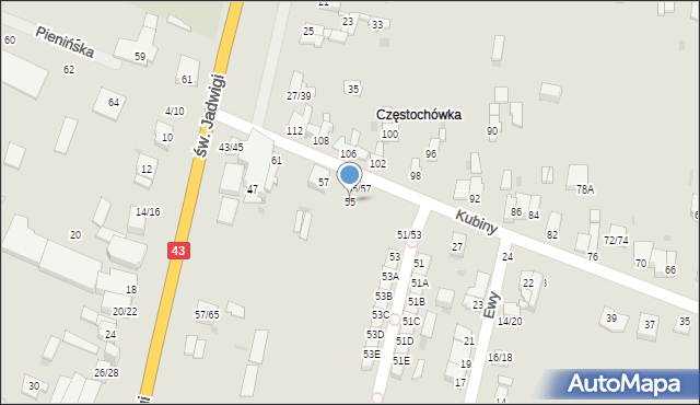 Częstochowa, Kubiny Teodora, ks. bp., 55, mapa Częstochowy