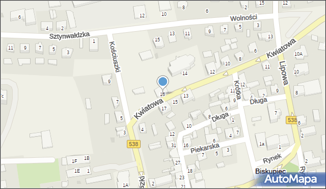Biskupiec, Kwiatowa, 16, mapa Biskupiec